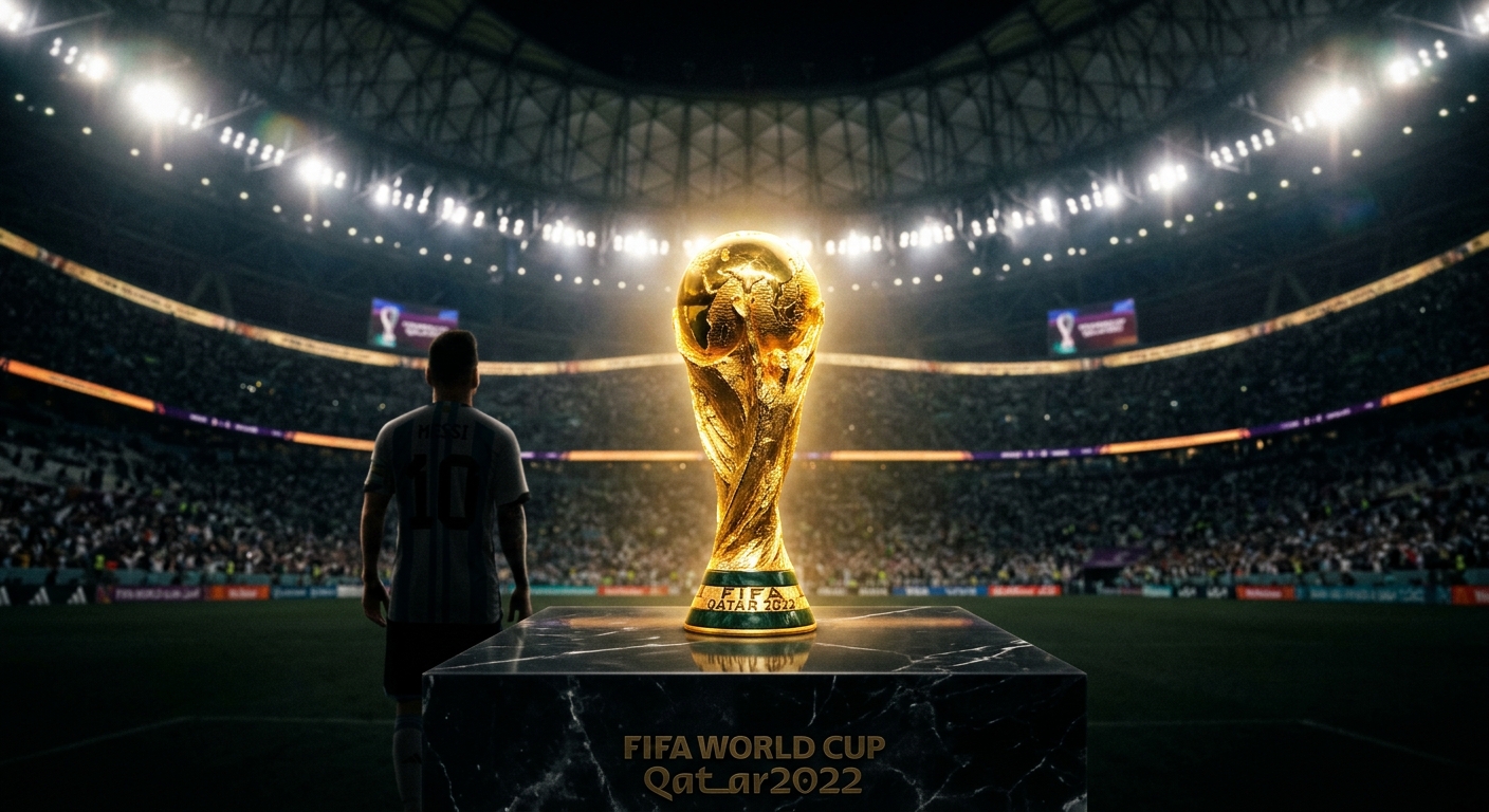 Lionel Messi de espaldas contemplando el trofeo de la Copa Mundial de la FIFA Qatar 2022 en un estadio iluminado