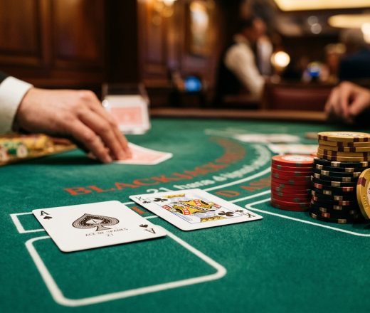 A cinematic photograph of an elegant casino blackjack table close-up. On the rich green felt surface, two crisp playing cards display a winning blackjack hand—an Ace of Spades and a King of Clubs—placed neatly alongside stacked luxury casino chips in red, black, and gold. A dealer's hand in a sharp black suit cuff is subtly visible in the frame, placing a card down. The lighting is warm and moody, creating soft shadows across the felt texture, with glowing, out-of-focus casino lights in the background. High-end editorial aesthetic with sharp focus on the playing cards and polished chips.
