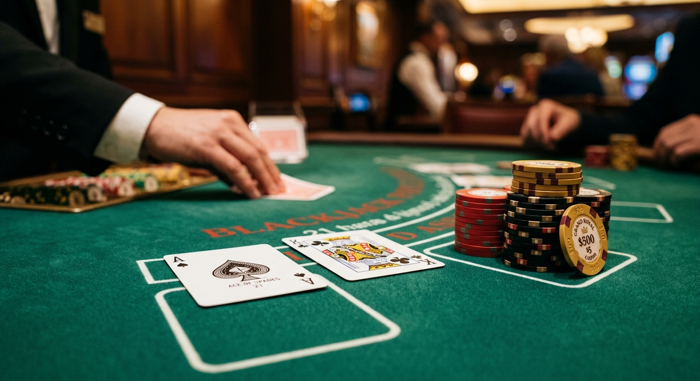 A cinematic photograph of an elegant casino blackjack table close-up. On the rich green felt surface, two crisp playing cards display a winning blackjack hand—an Ace of Spades and a King of Clubs—placed neatly alongside stacked luxury casino chips in red, black, and gold. A dealer's hand in a sharp black suit cuff is subtly visible in the frame, placing a card down. The lighting is warm and moody, creating soft shadows across the felt texture, with glowing, out-of-focus casino lights in the background. High-end editorial aesthetic with sharp focus on the playing cards and polished chips.