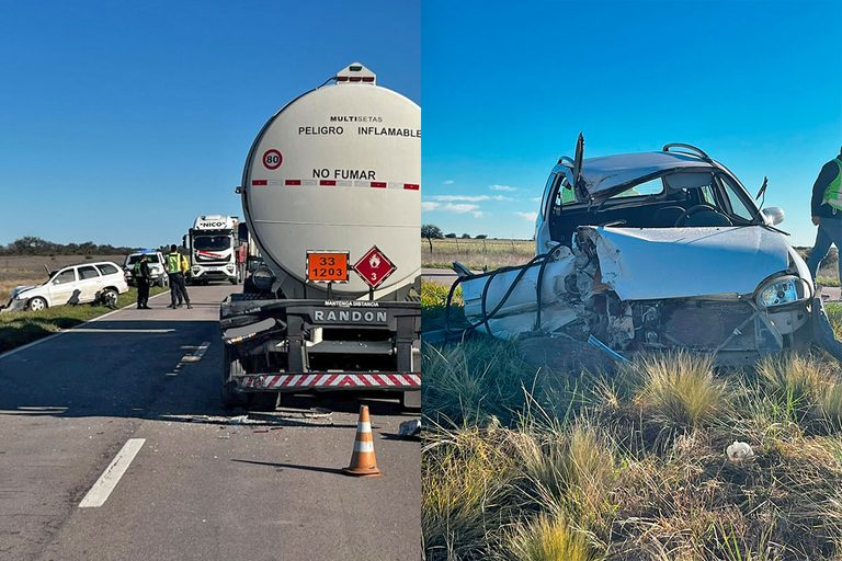 Grave choque en la Ruta Nacional 35: un auto impactó contra un camión de combustible y hay dos heridos graves