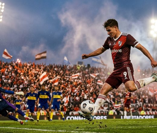 An editorial sports photograph capturing a high-stakes, dramatic moment during a South American professional soccer tournament match. In a packed stadium illuminated by towering floodlights at dusk, a dynamic action shot reveals a forward player mid-stride, striking the soccer ball with power towards the goal. Atmospheric haze and dramatic light beams cut through the evening air. The background features deep bokeh with the warm glow of thousands of fans in the stands. Crisp details highlight the athlete's intense focus and dynamic motion, conveying the passion and fierce competition of the league.