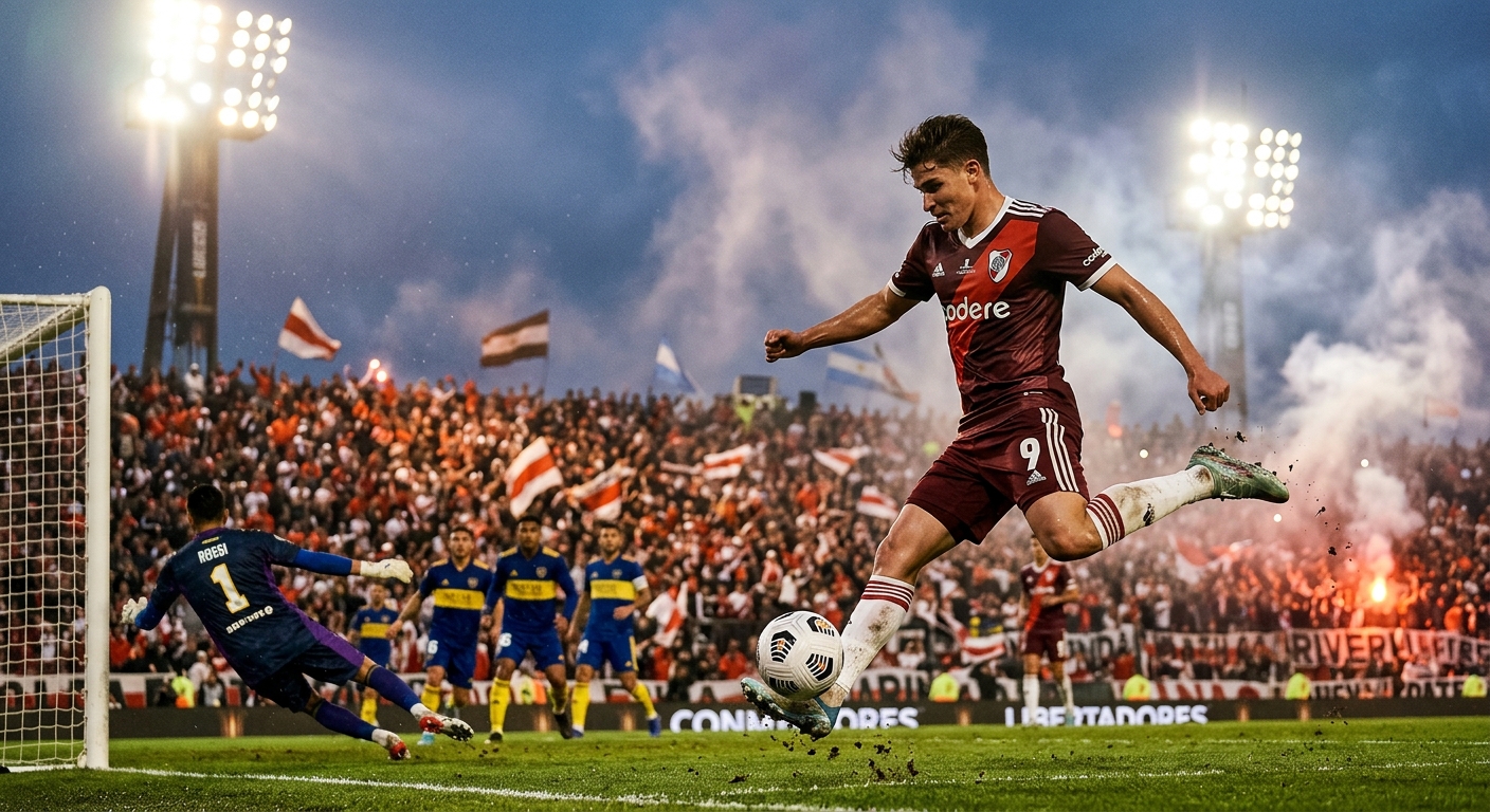 An editorial sports photograph capturing a high-stakes, dramatic moment during a South American professional soccer tournament match. In a packed stadium illuminated by towering floodlights at dusk, a dynamic action shot reveals a forward player mid-stride, striking the soccer ball with power towards the goal. Atmospheric haze and dramatic light beams cut through the evening air. The background features deep bokeh with the warm glow of thousands of fans in the stands. Crisp details highlight the athlete's intense focus and dynamic motion, conveying the passion and fierce competition of the league.